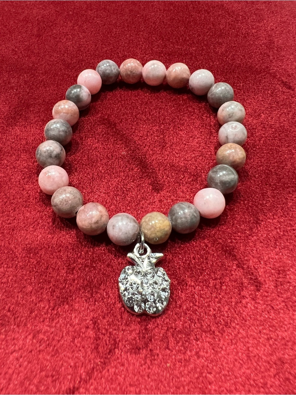 Source Unknown Pink and Gray Beaded Bracelet with Crystal Apple Charm